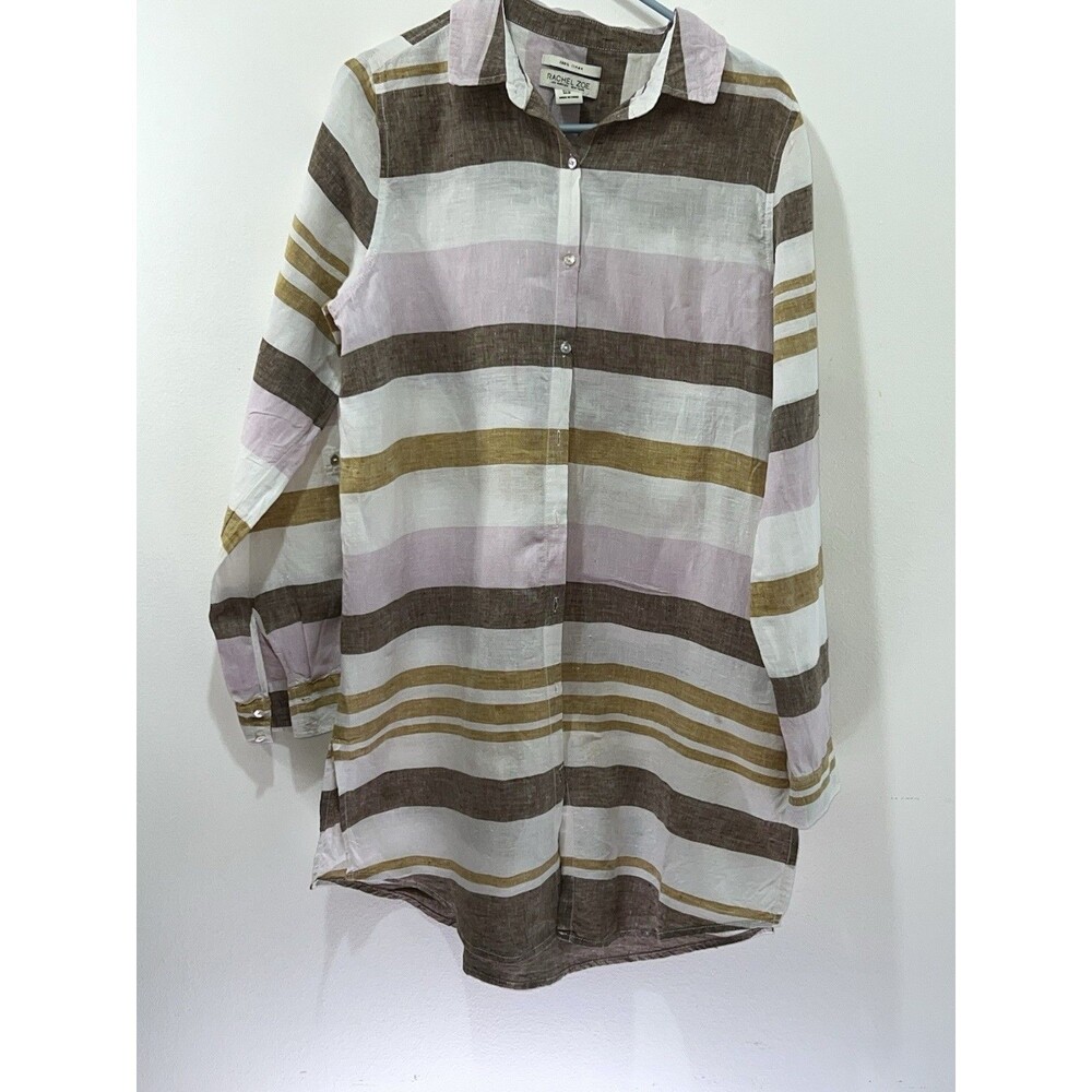 Rachel Zoe 100% Linen Striped Collared Long Sleeve Button-Up Blouse M